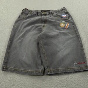 VTG FUBU Jean Shorts Men 38 Gray Denim Baggy Flight Patch Jorts Embroidered Y2K